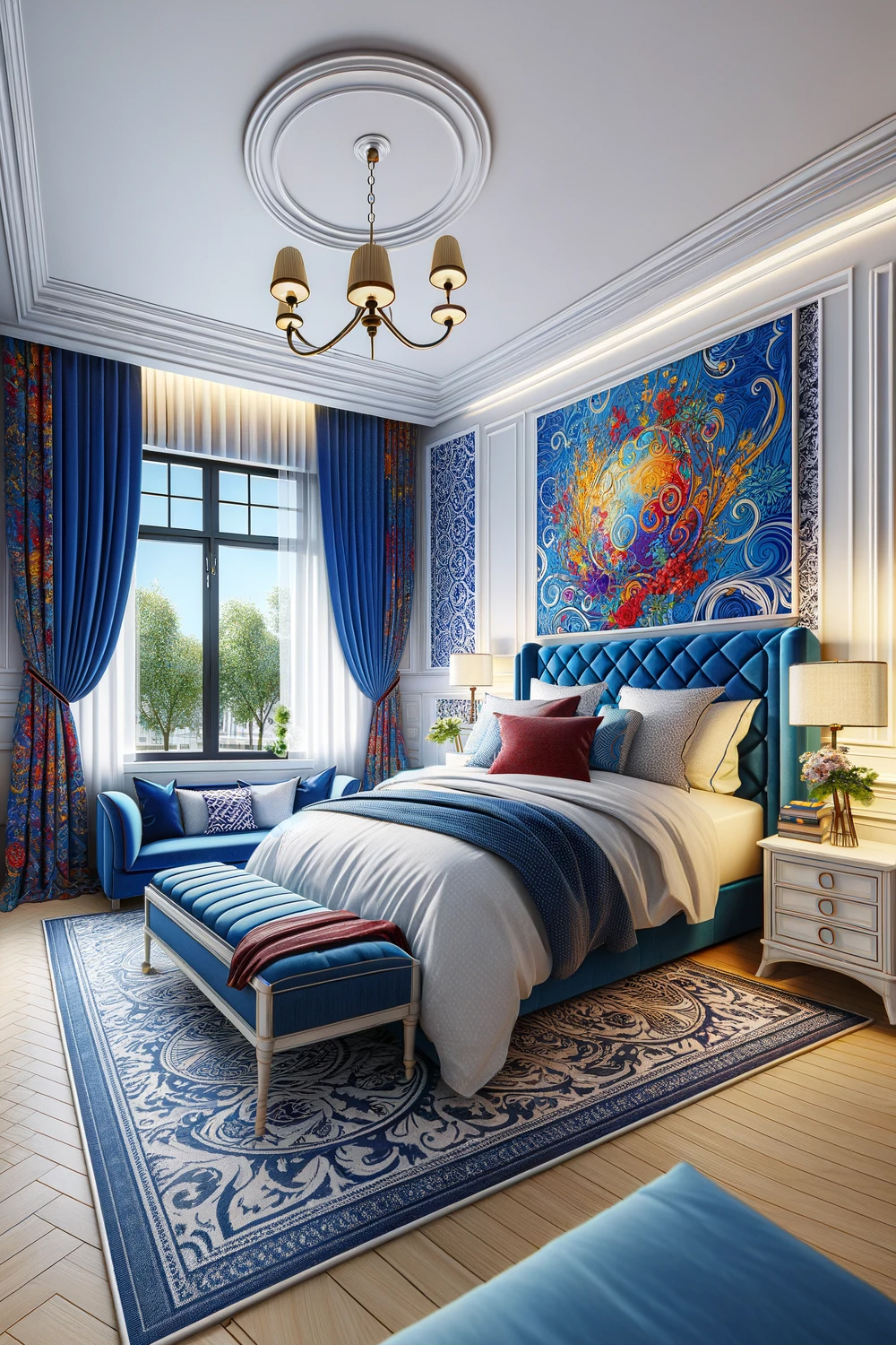 20 Stunning Blue Curtain Ideas To Elevate Your Bedroom Decor   Bedroom WithRoyal Blue Patterns Curtains 