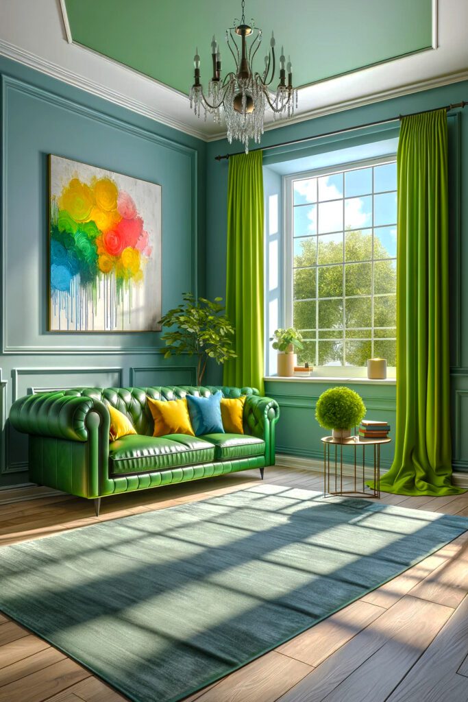 Living-Room-with-Blue-Walls-and Lime Green-Curtains