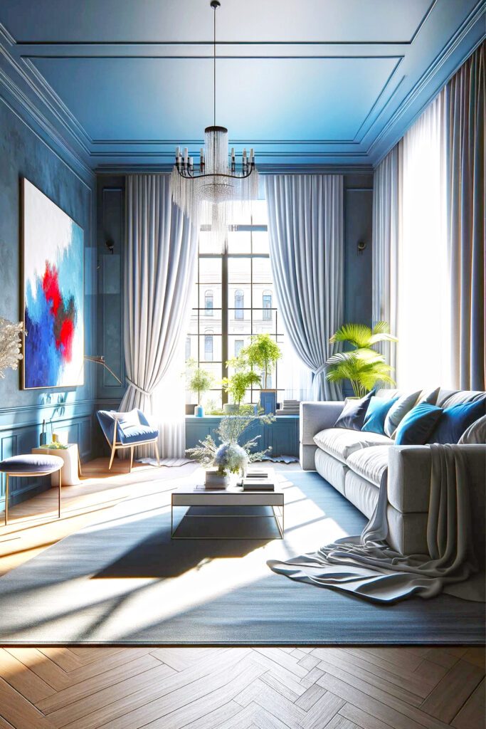 Living Room with Blue Walls and White Curtains